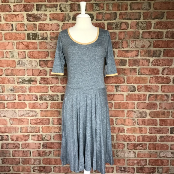 LuLaRoe Nicole Dress XL 18-20 A-Line Blue Grey with Gold Ringer New With Tags! - Picture 3 of 10